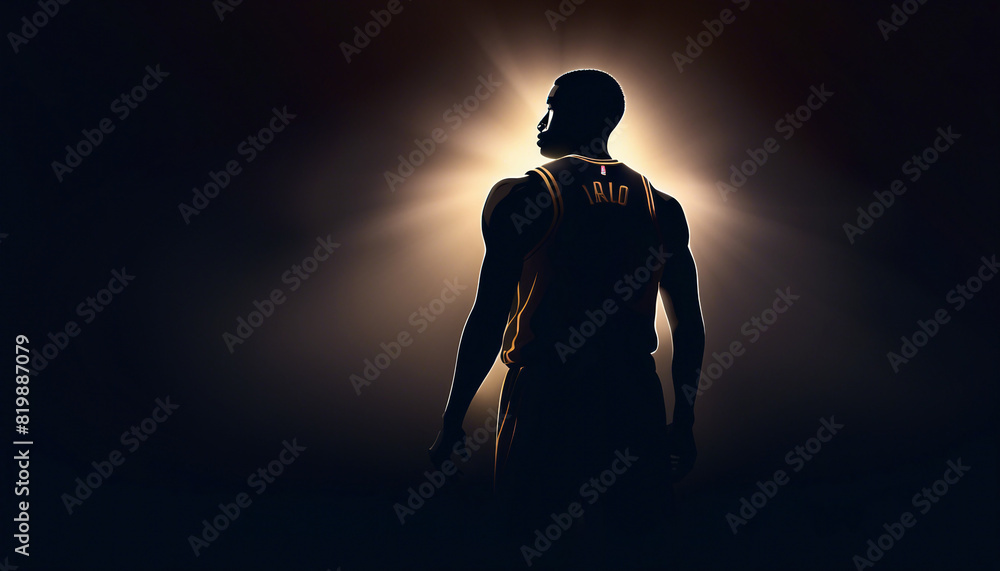 Silhouette of an NBA star. The background is dark and the spotlight is on, dijital art.