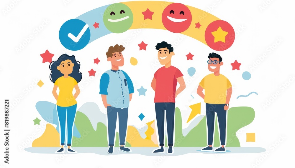 People of different ages and ethnicities giving positive reviews. People of different ages and ethnicities giving positive reviews.