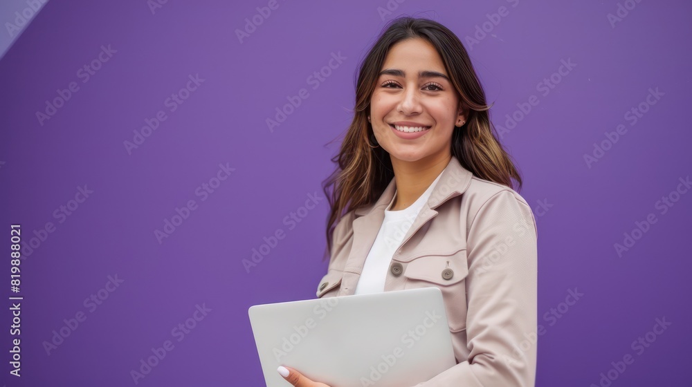 Smiling Hispanic businesswoman standing in a studio, holding a laptop, with a bold violet background conveying creativity and determination. Smiling Hispanic businesswoman standing in a studio, holding a laptop, with a bold violet background conveying creativity and determination.