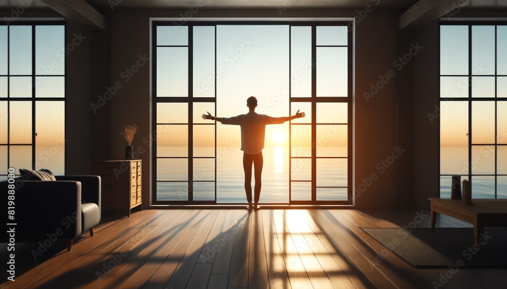 An image of a man standing in front of a large window with a view of the sea at sunrise An image of a man standing in front of a large window with a view of the sea at sunrise
