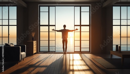 An image of a man standing in front of a large window with a view of the sea at sunrise