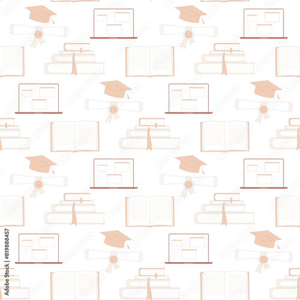 Education seamless pattern. Graduation caps, laptop, books endless background. Learning diploma repeat cover. Master's or Bachelor's degree. Vector hand drawn flat illustration.