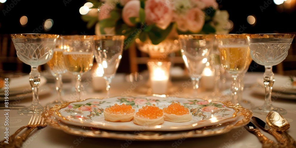 Table set with gourmet food, wine glasses, and luxurious caviar spread Table set with gourmet food, wine glasses, and luxurious caviar spread