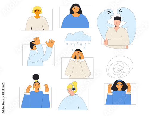 Stressed people. Young characters with bad mood. Mental disorder people. Teenage girls and boy with burnout, confusion and depression mental illness. Vector outline illustration.
