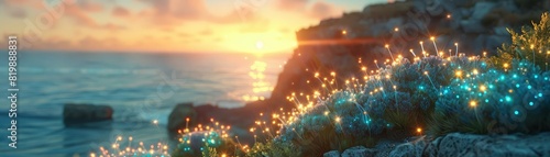 Glowing holographic plants in a coastal cliffside garden, HD photo