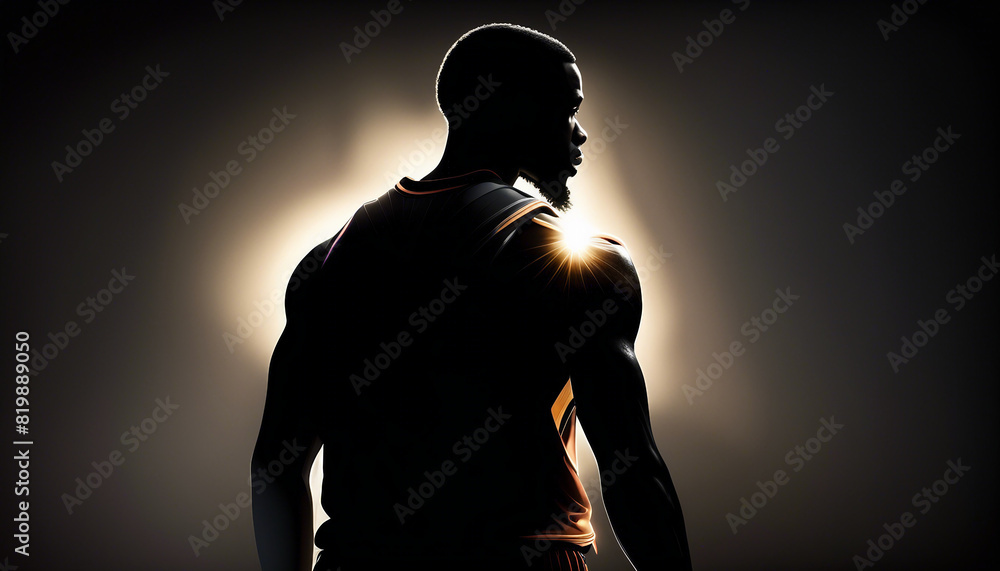 Silhouette of an NBA star. The background is dark and the spotlight is on, dijital art.