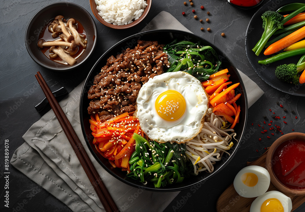 A bowl of Korean bibimbap, with beef mince and egg on top, mixed vegetables and noodles in the bottom half, and red sauce next to it A bowl of Korean bibimbap, with beef mince and egg on top, mixed vegetables and noodles in the bottom half, and red sauce next to it
