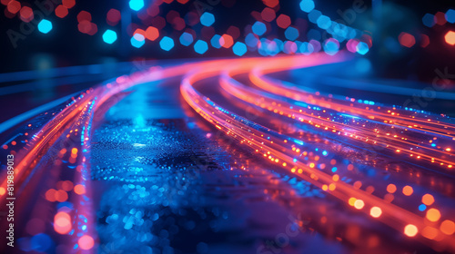 Colorful light trails on city roads at night, depicting motion and urban nightlife. Concept of transportation, movement, and vibrant city atmosphere. photo