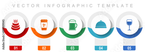 Food and drinks icon set, miscellaneous vector icons such as birthday cake, coffe, beer and drink, modern design infographic template, web buttons in 5 color options