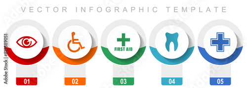 Hospital icon set, miscellaneous vector icons such as eye, wheelchair, first aid, dentist and cross, modern design infographic template, web buttons in 5 color options