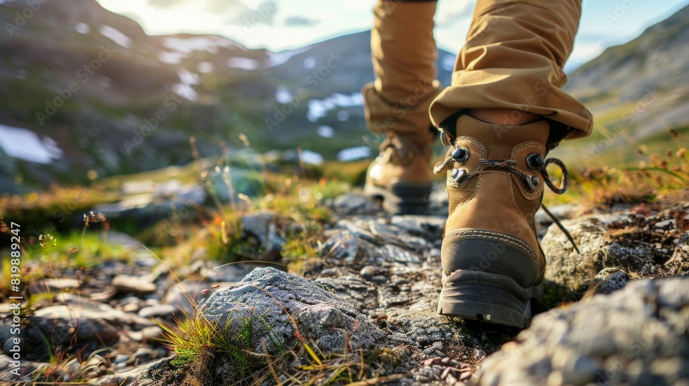 A close-up of a hiker's boots stepping over rocky terrain, capturing the rugged beauty of the hiking path. A close-up of a hiker's boots stepping over rocky terrain, capturing the rugged beauty of the hiking path.