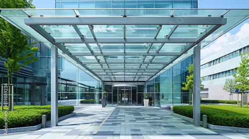 architecture entrance of a big building with glass canopy  