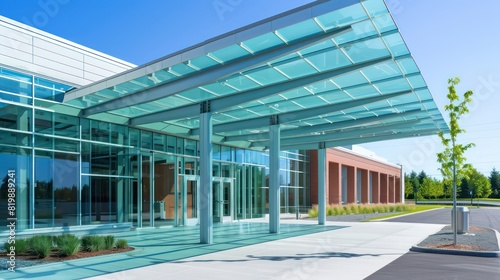 architecture entrance of a big building with glass canopy 