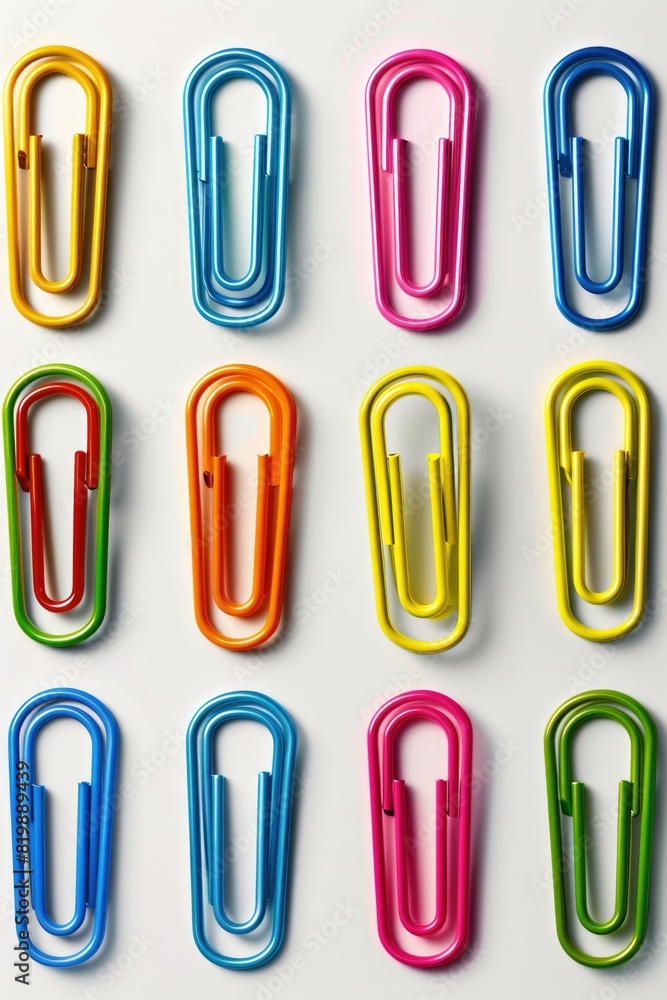 Colorful paper clips arranged neatly on a white background. Perfect for office supplies or organization concepts Colorful paper clips arranged neatly on a white background. Perfect for office supplies or organization concepts
