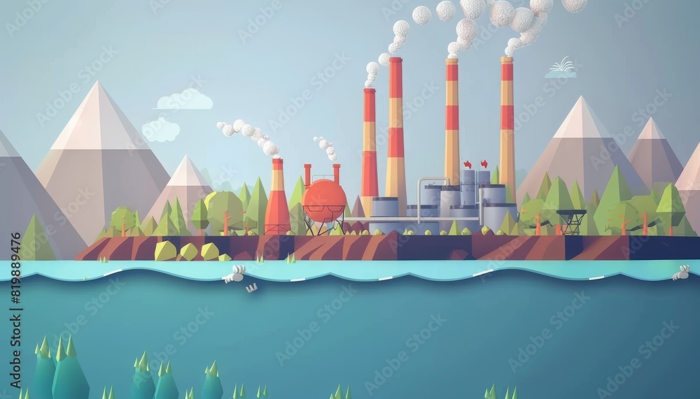 Fototapeta premium The image shows a factory on the coast. There are mountains in the background and the factory is emitting smoke into the air and water.