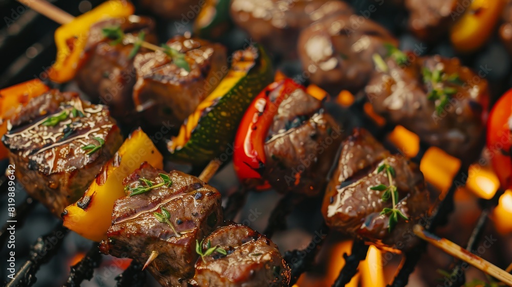A close-up of skewers with marinated meat and colorful vegetables cooking over an open flame on a grill.