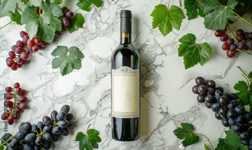 Bottle of Wine and Grapes on Marble Table