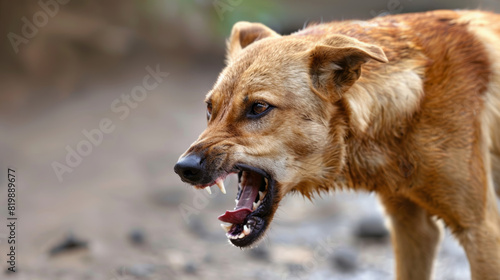 angry aggressive dog on the city street dangerous and may be infected. Rabies concept
