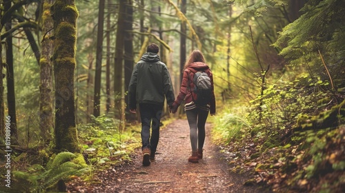 A couple hiking through a serene forest path, holding hands and enjoying the peaceful surroundings. © chanidapa