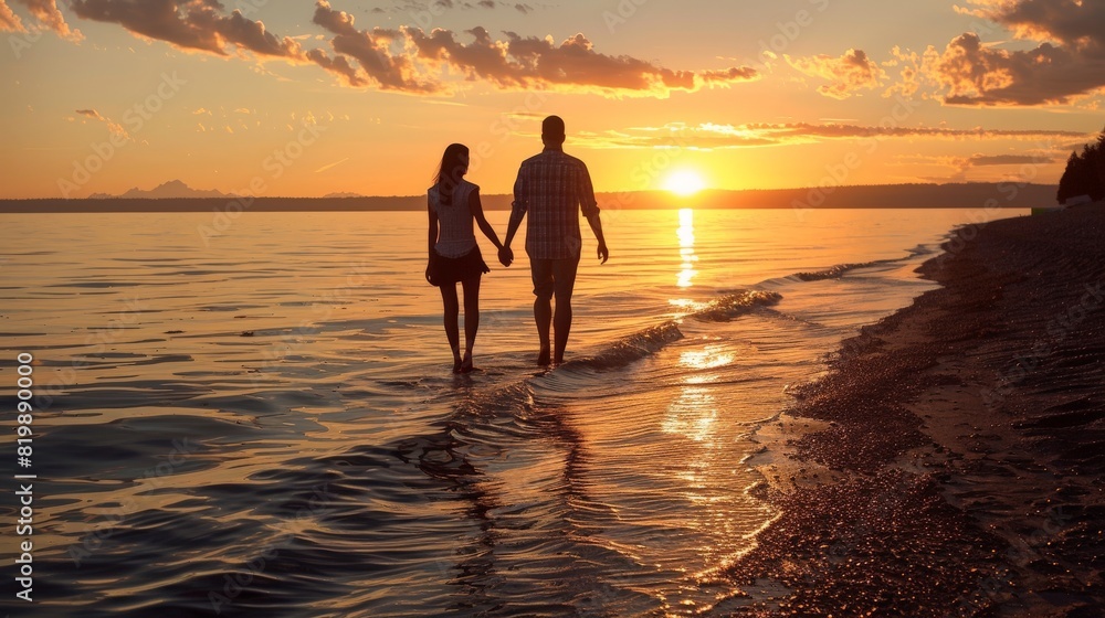 A couple holding hands, strolling along the shoreline as the sun sets, casting a warm glow over the water.