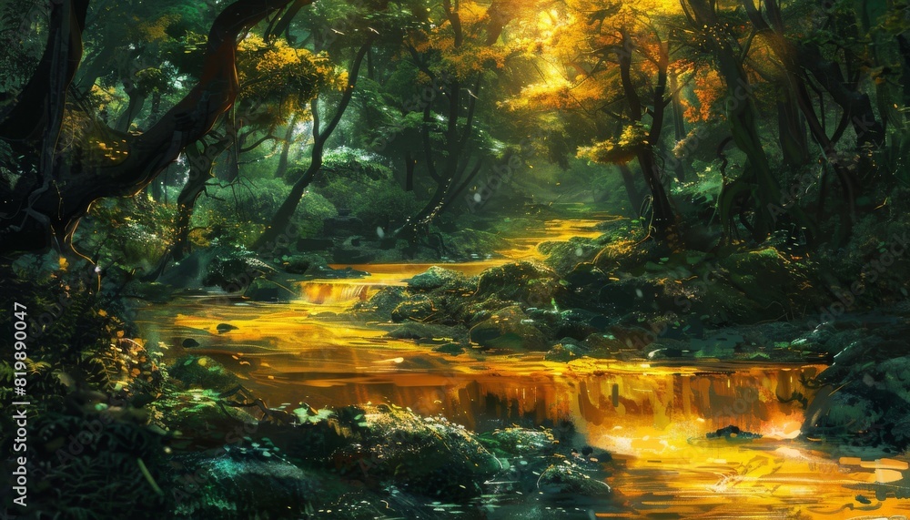 The photo shows a beautiful and enchanting forest with a golden river running through it The photo shows a beautiful and enchanting forest with a golden river running through it