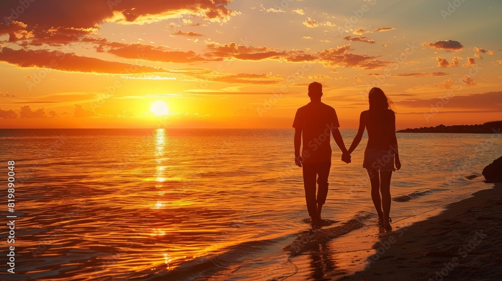 A couple holding hands, strolling along the shoreline as the sun sets, casting a warm glow over the water. A couple holding hands, strolling along the shoreline as the sun sets, casting a warm glow over the water.