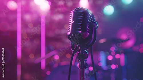 Illuminated by purple light  a microphone awaits a young singer s voice  accompanied by wireless headphones hinting at the upcoming performance