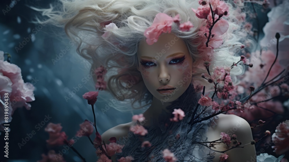 Fashion and nature blend, woman in flower outfit, close up, focus on the details, theme of creativity, ethereal, Multilayer, backdrop of darkness Fashion and nature blend, woman in flower outfit, close up, focus on the details, theme of creativity, ethereal, Multilayer, backdrop of darkness