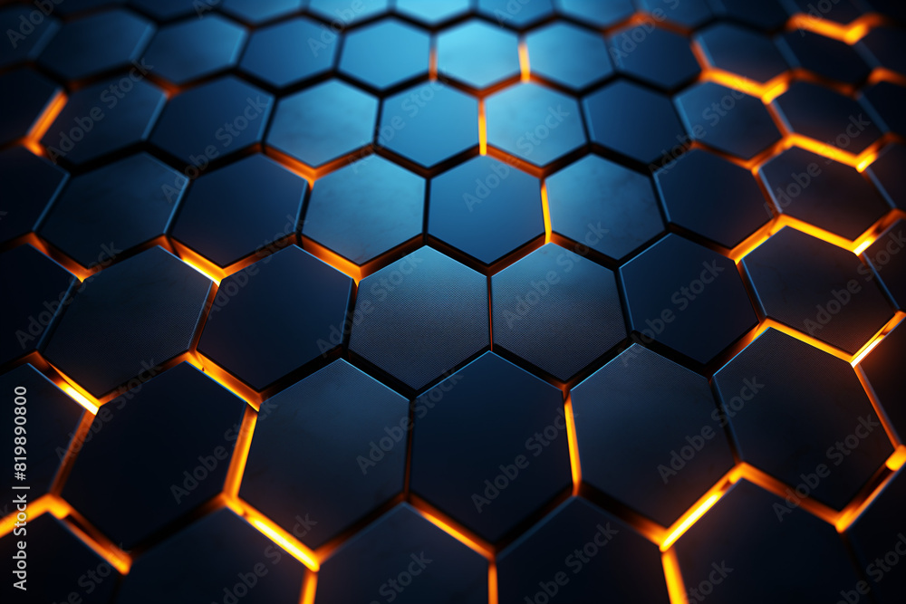 3d render of dark blue glowing hexagon background, glowing orange lights on the edges. 3d render of dark blue glowing hexagon background, glowing orange lights on the edges.