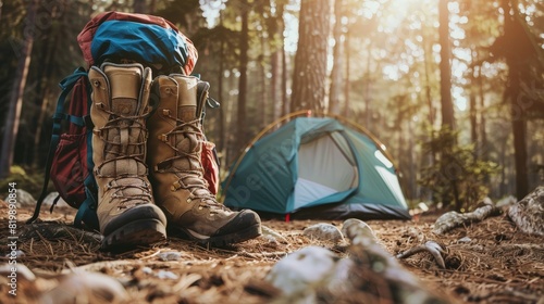 A hiker's boots and backpack outside a tent in the woods, ready for a day of exploring and adventure.