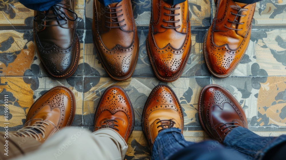Close-up of business shoes on a team people standing nearby. Close-up of business shoes on a team people standing nearby.