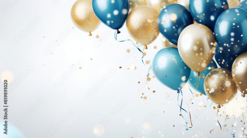 Gold and blue balloons with confetti, festive celebration, close up, focus on the balloons, theme of joy, vibrant, Overlay, backdrop of white background Gold and blue balloons with confetti, festive celebration, close up, focus on the balloons, theme of joy, vibrant, Overlay, backdrop of white background