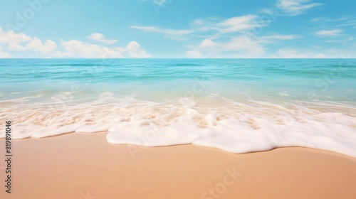 Golden sands and turquoise waters under a clear sky  selective focus  summer relaxation  whimsical  Fusion  seaside backdrop