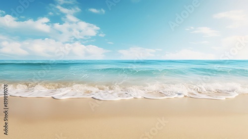 Golden sands and turquoise waters under a clear sky, selective focus, summer relaxation, whimsical, Fusion, seaside backdrop