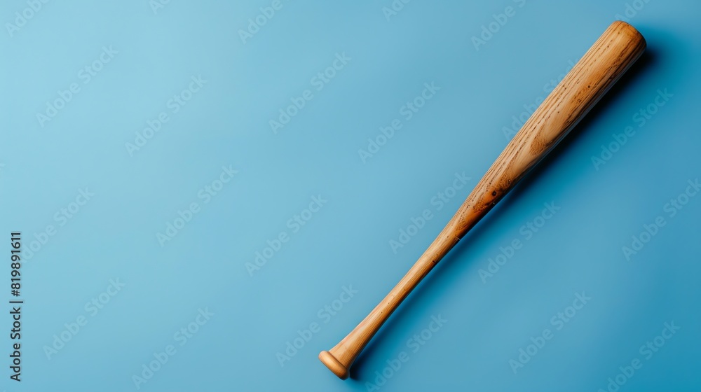 A wooden baseball bat on a blue background. The bat is in the center of the image and is tilted at a 45-degree angle. A wooden baseball bat on a blue background. The bat is in the center of the image and is tilted at a 45-degree angle.