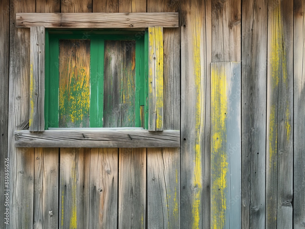A window with a green frame sits in front of a wall with yellow paint A window with a green frame sits in front of a wall with yellow paint