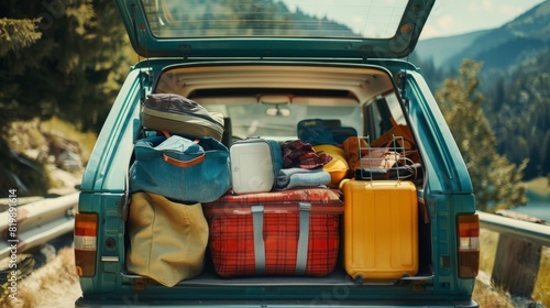 Wallpaper Mural A road trip scene with a car's trunk open, filled with bags, cooler, and other travel essentials. Torontodigital.ca