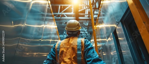 A worker in a hard hat and safety vest walks through a modern industrial facility.