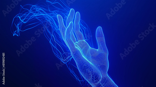 A wireframe hand emerges, lines and nodes glowing against the dark, symbolizing digital reach © Ms_Tali