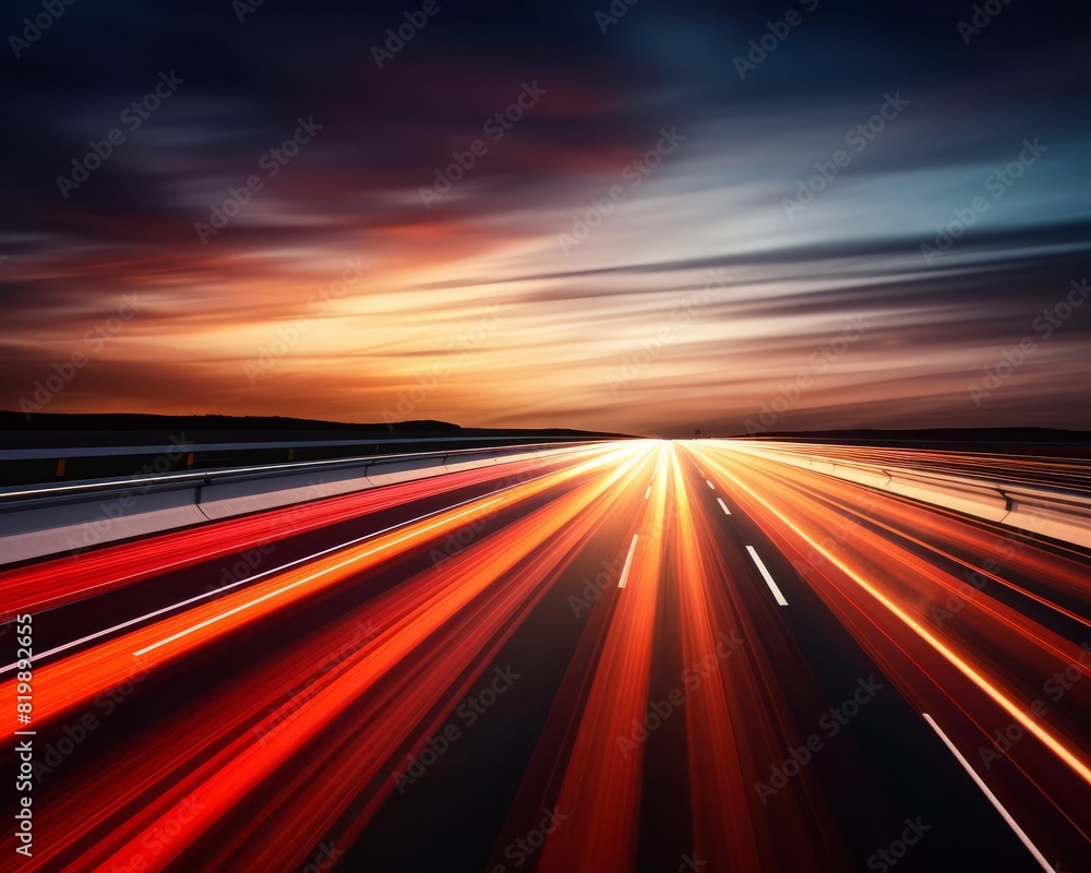 Red light trails on road, highspeed travel, selective focus, theme of motion, vibrant, Composite, backdrop of highway at dusk Red light trails on road, highspeed travel, selective focus, theme of motion, vibrant, Composite, backdrop of highway at dusk