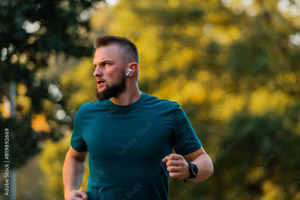 Young athletic man running or jogging at the park listening to music on wireless headphones active healthy lifestyle. Young athletic man running or jogging at the park listening to music on wireless headphones active healthy lifestyle.