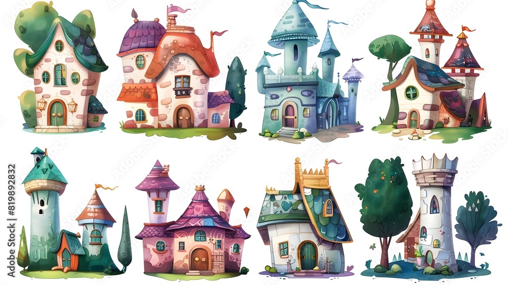 Naklejka premium Whimsical Fairytale Cottages and Castles in a Vibrant Storybook Landscape