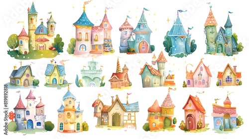 Whimsical Fairy Tale Castles and Cottages in Colorful Storybook Landscape