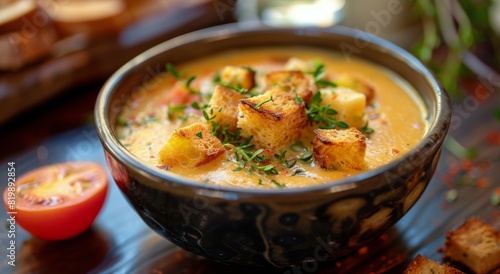 Bowl of Pumpkin Soup With Croutons and Tomatoes