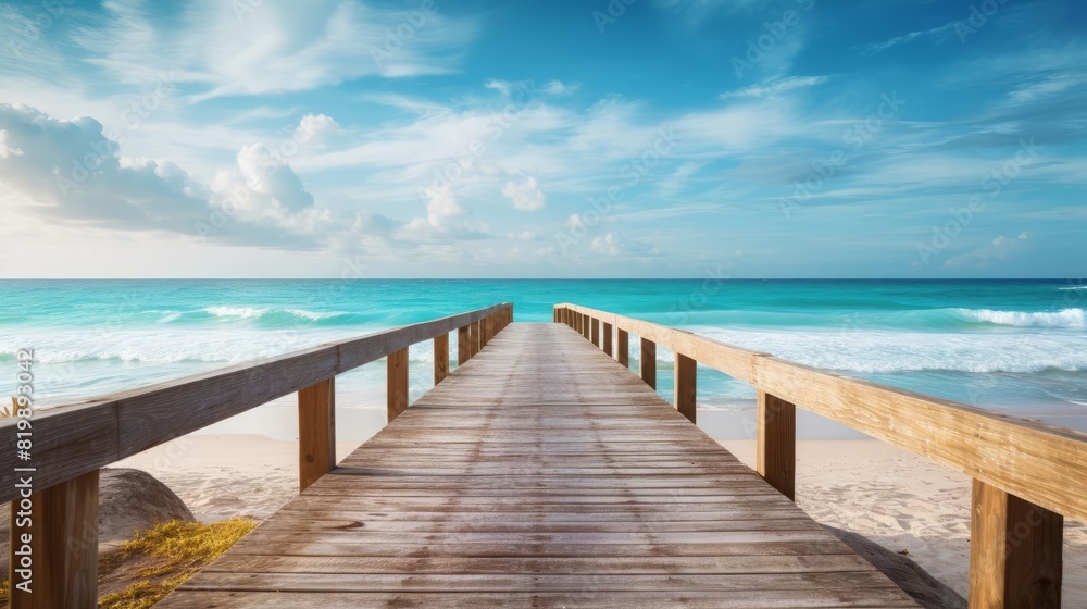 Rustic wooden boardwalk leading to a pristine beach, close up, coastal charm, vibrant, Composite, ocean backdrop Rustic wooden boardwalk leading to a pristine beach, close up, coastal charm, vibrant, Composite, ocean backdrop