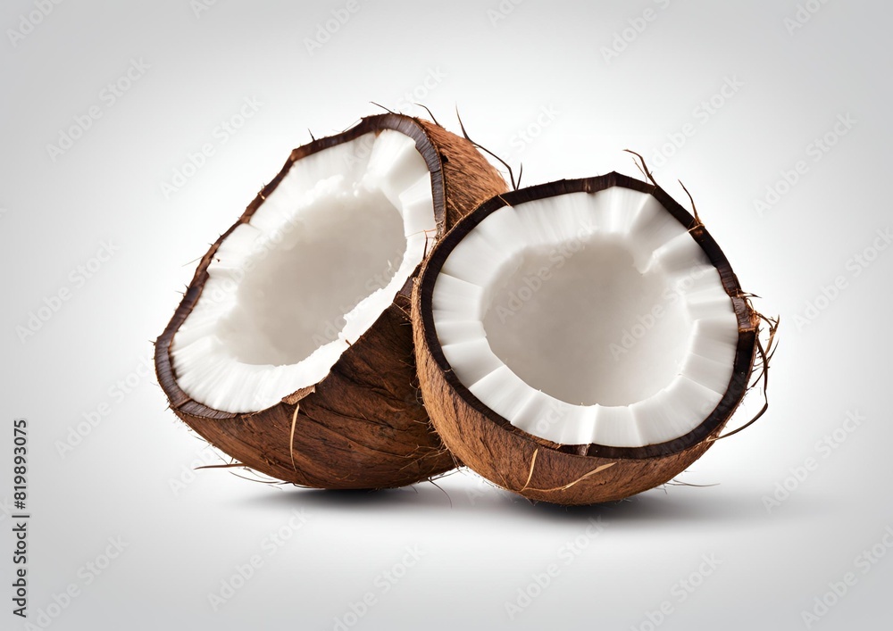 Coconut, isolated on a white background with a clipping path, full depth of field. cut in half, isolated on a white background, with a clipping path. Coconut, isolated on a white background with a clipping path, full depth of field. cut in half, isolated on a white background, with a clipping path.