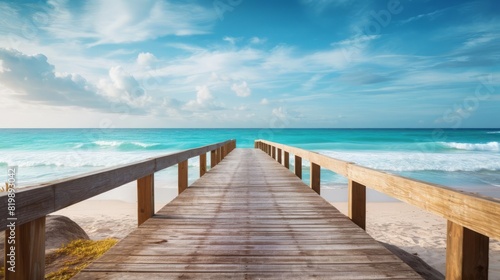 Rustic wooden boardwalk leading to a pristine beach  close up  coastal charm  vibrant  Composite  ocean backdrop