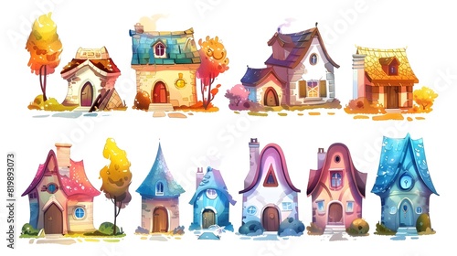 Whimsical Watercolor Cottages and Fairy Tale Homes in Autumnal Landscape