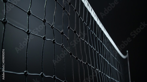 Black volleyball net close up. The net is in focus and the background is blurred. The image is well lit and the colors are vibrant.
