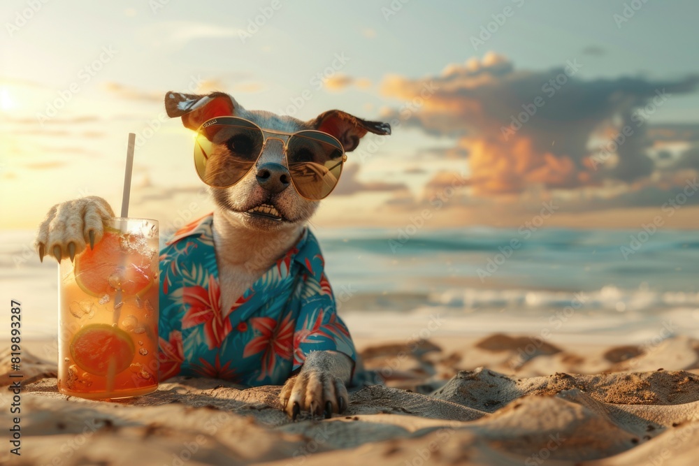 Playful dog enjoying the sun on a tropical beach. Perfect for travel and vacation concepts